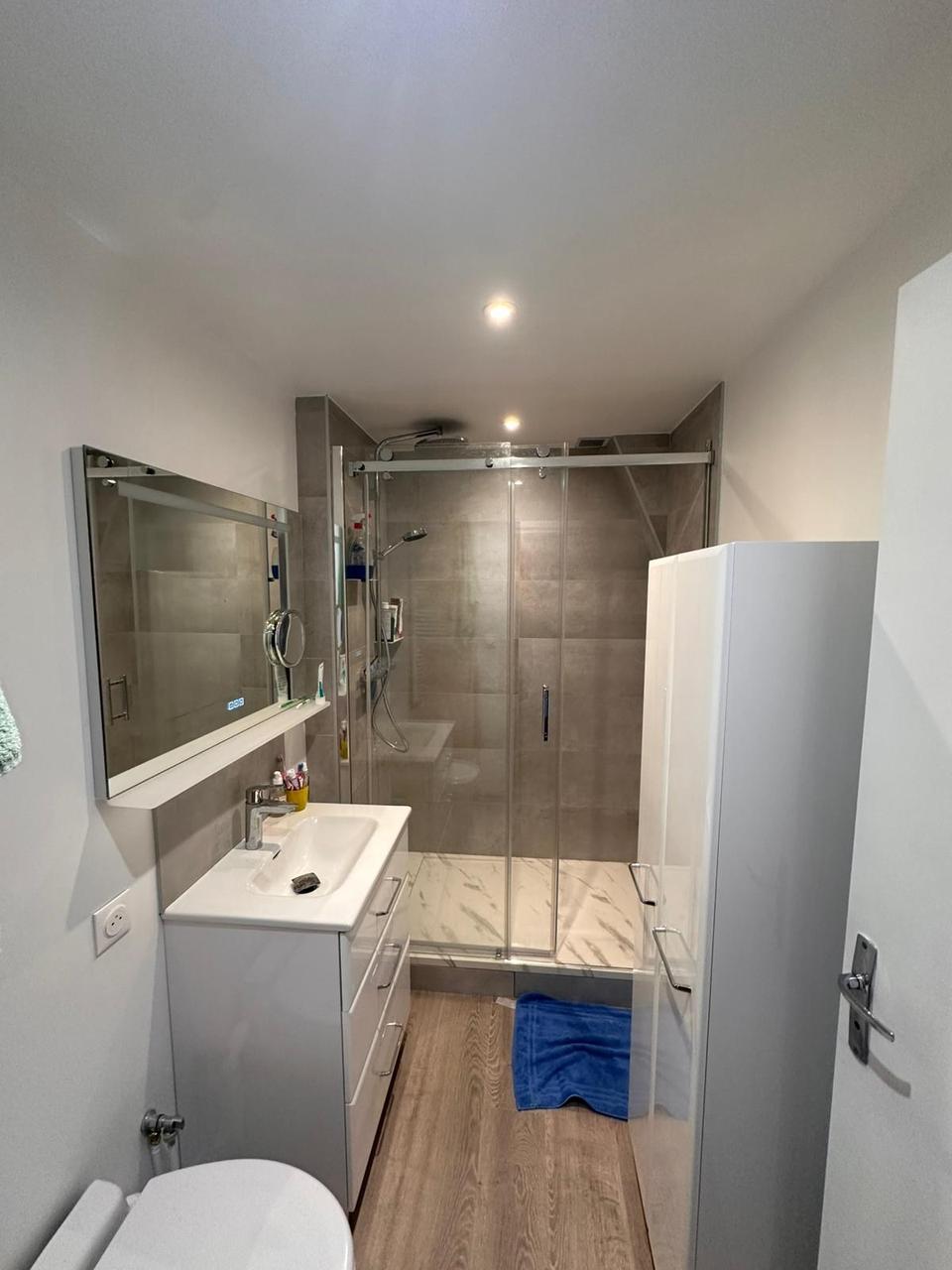 Douche à l'italienne, meuble vasque et WC – résultat final