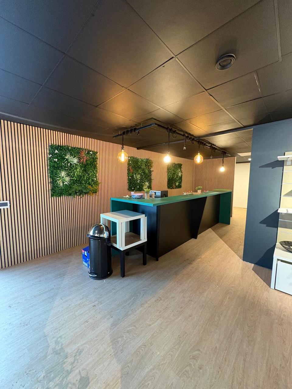 Espace d'accueil – mur en tasseaux bois et murs végétaux